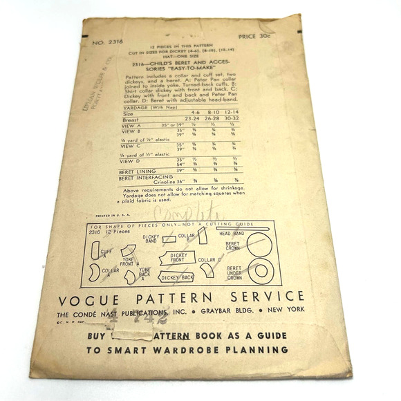 Vogue Vintage 1940's Pattern #2316 Childs Beret Size 4 & 6 Years HTF RARE - Picture 6 of 6